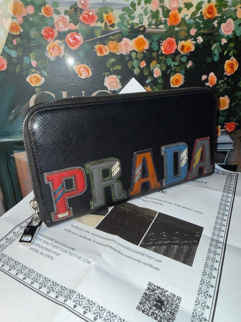 Prada Black Saffiano Leather Zip Wallet with Multicolor Letter Patches w/coa - Picture 12 of 12